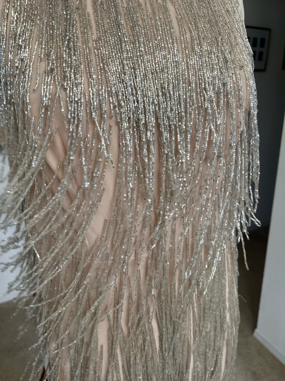 Fringe Beaded Sleeveless Cocktail Dress - Blush with Silver Beading
